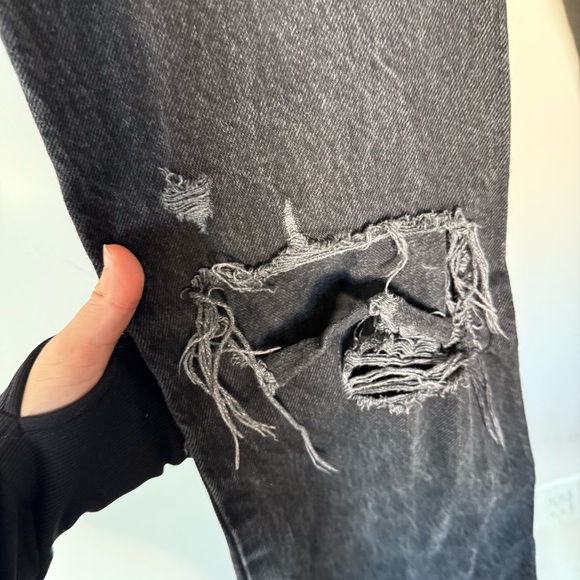 Zara Black Distressed Ripped Knee High Waisted Wide Leg Jeans Cuffed Denim - Picture 10 of 16